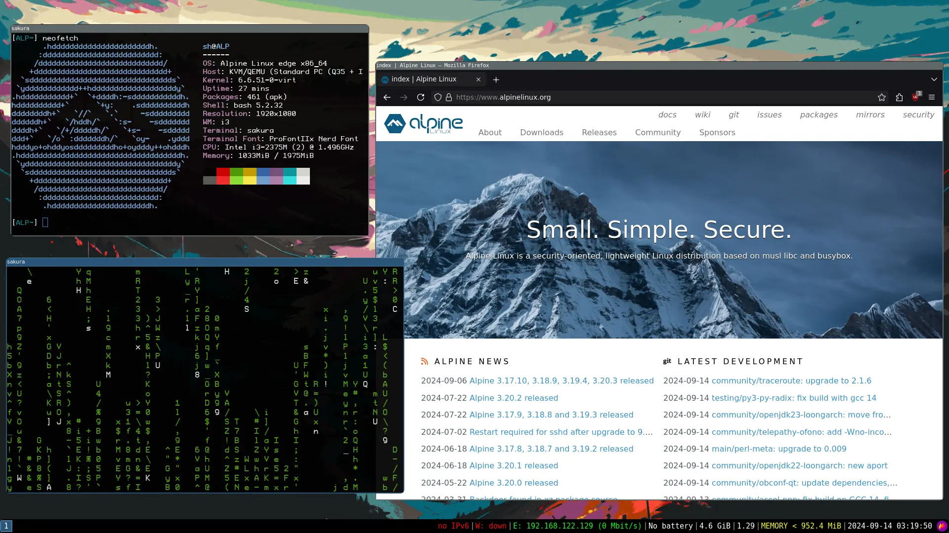 Screenshot of Alpine Linux setup with i3 window manager